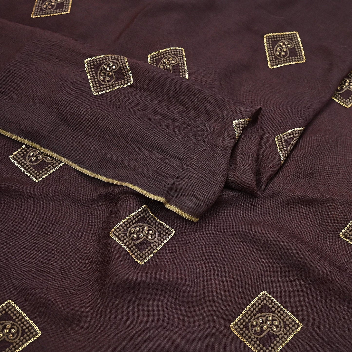 Indian Vintage Brown Saree Embroidered Cotton Blend Sari 6Yard Craft Fabric for Dressmaking, Quilting & Upcycling