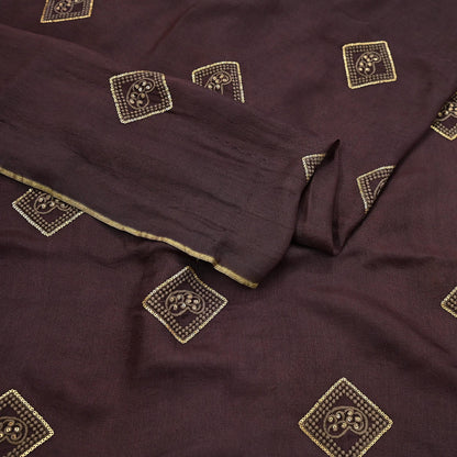 Indian Vintage Brown Saree Embroidered Cotton Blend Sari 6Yard Craft Fabric for Dressmaking, Quilting & Upcycling
