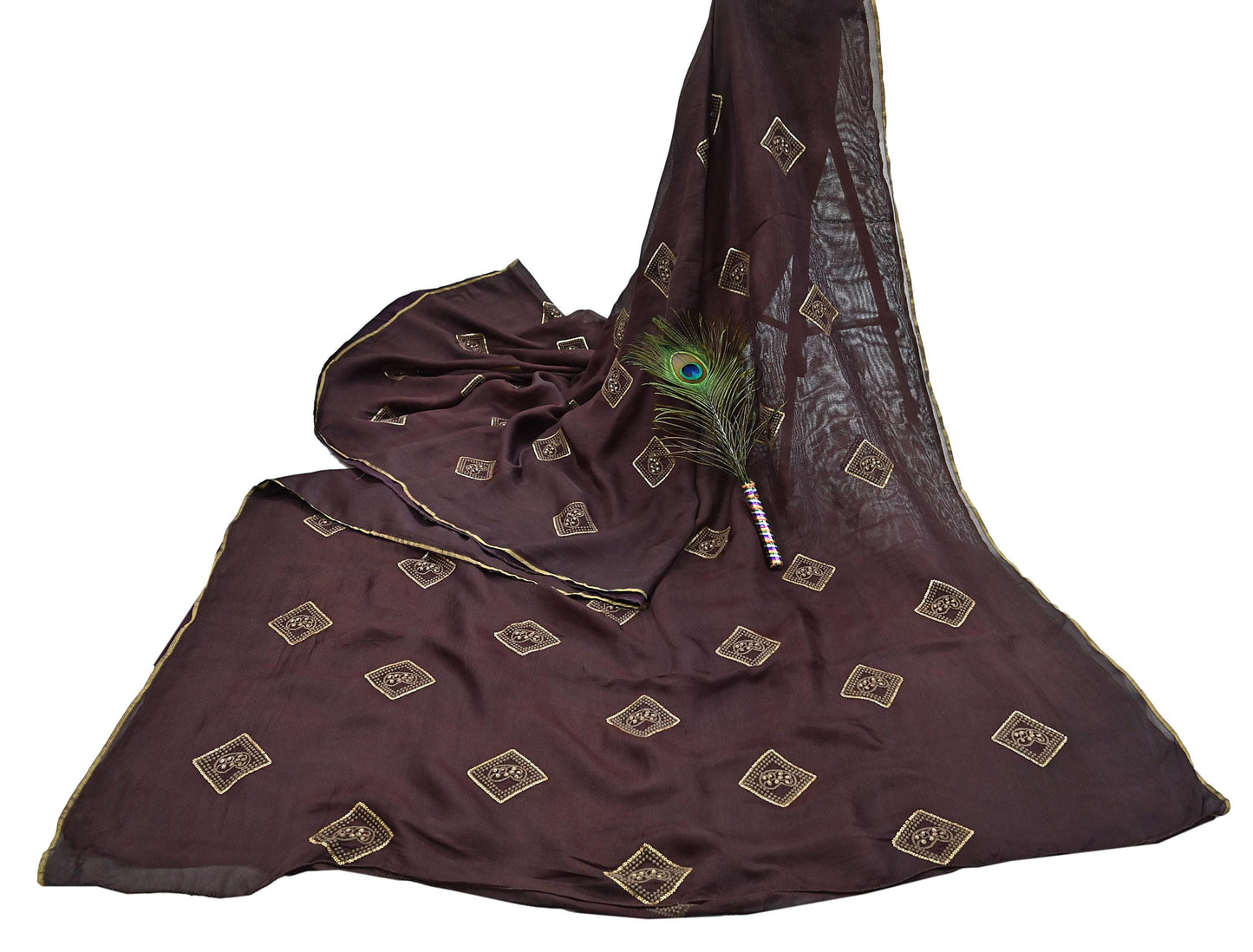 Indian Vintage Brown Saree Embroidered Cotton Blend Sari 6Yard Craft Fabric for Dressmaking, Quilting & Upcycling