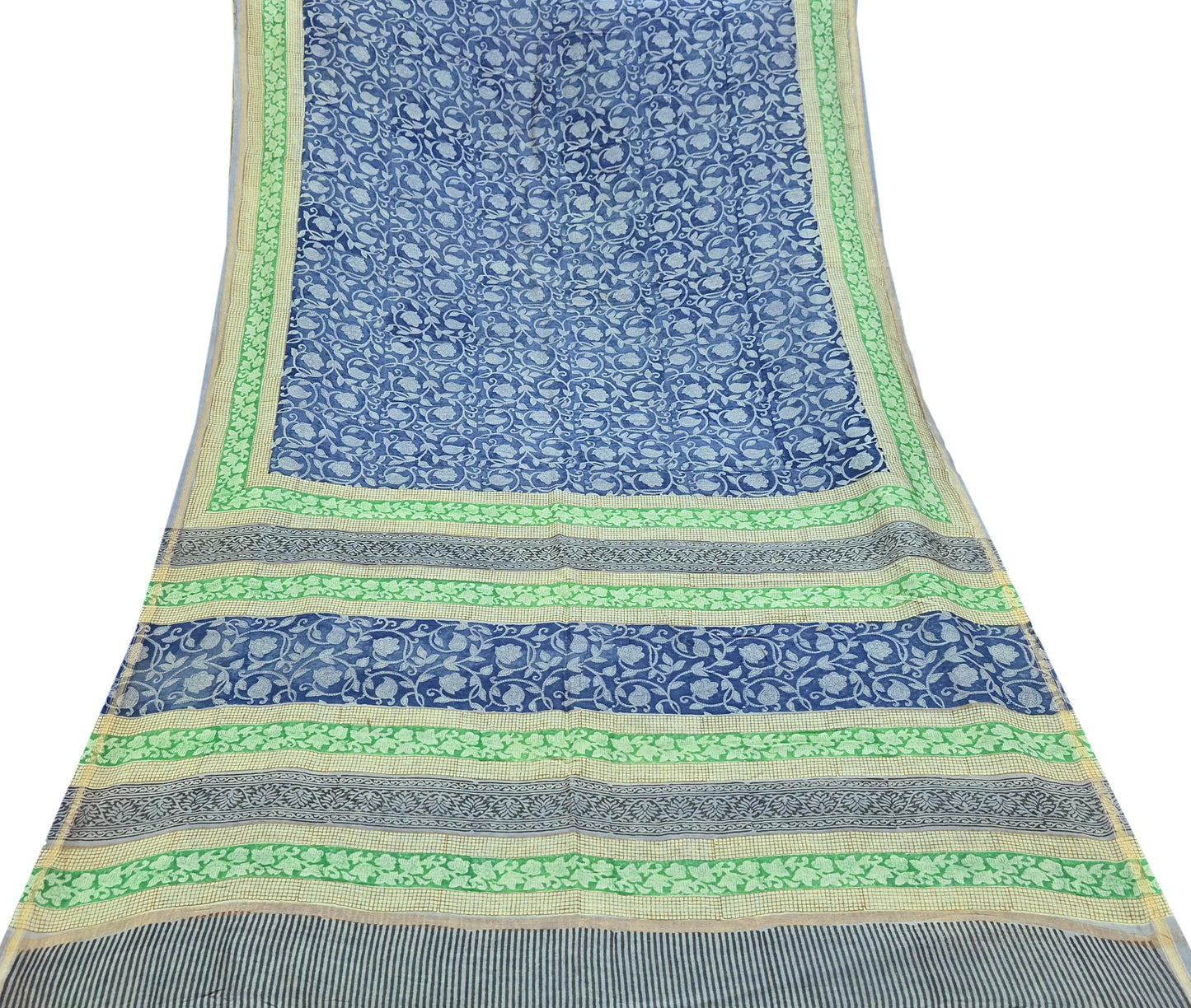 Indian Vintage Sari Blue chanderi Silk Bagru Printed Saree 5Yd Fabric Floral Soft Zari Border Ethnic Upcycle Crafting Dress making