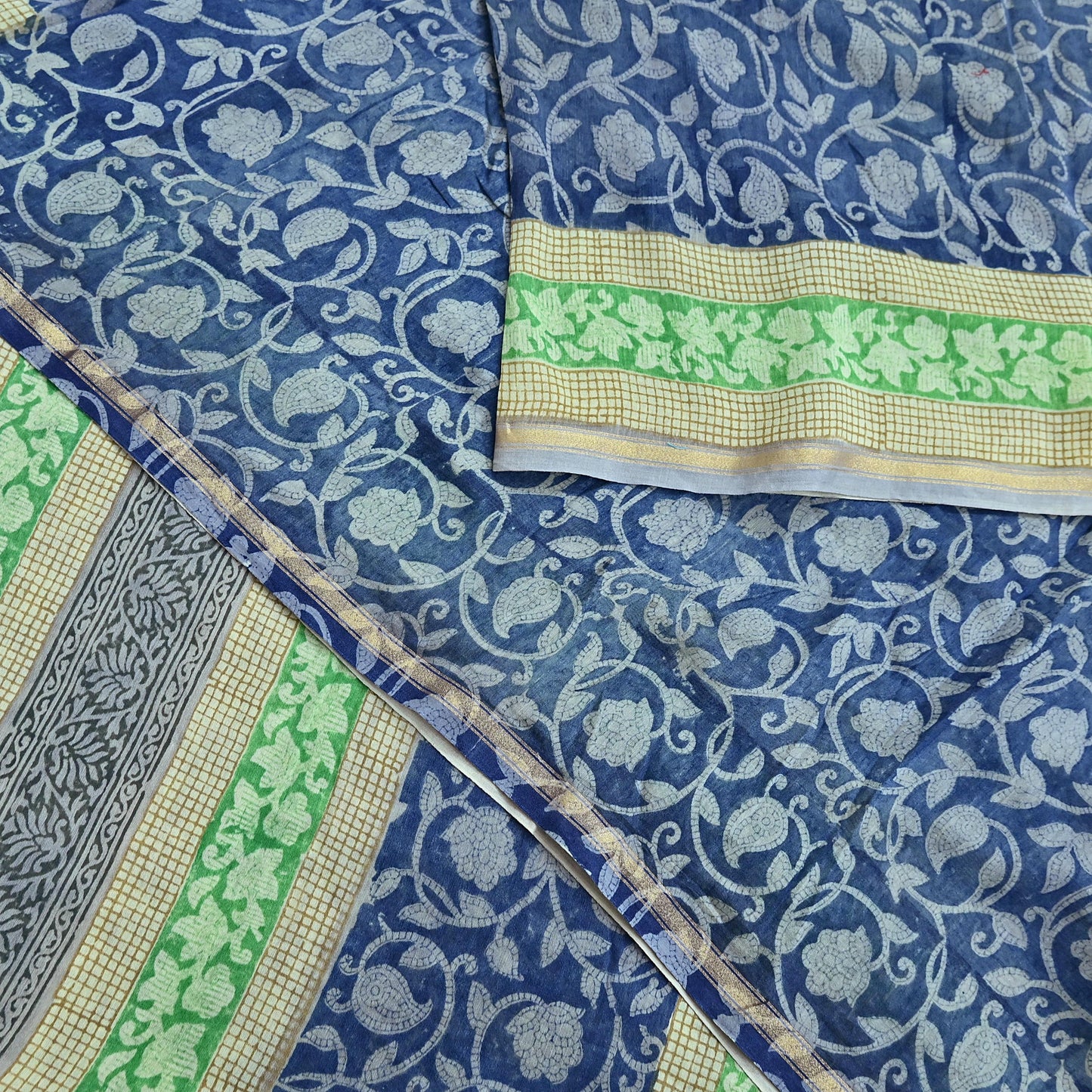 Indian Vintage Sari Blue chanderi Silk Bagru Printed Saree 5Yd Fabric Floral Soft Zari Border Ethnic Upcycle Crafting Dress making