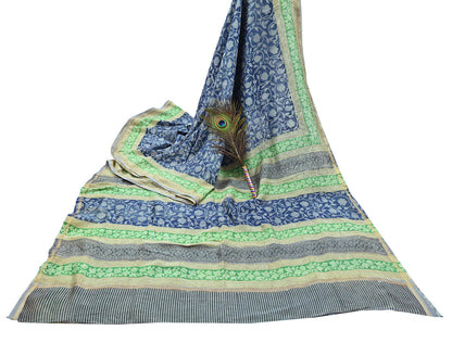 Indian Vintage Sari Blue chanderi Silk Bagru Printed Saree 5Yd Fabric Floral Soft Zari Border Ethnic Upcycle Crafting Dress making