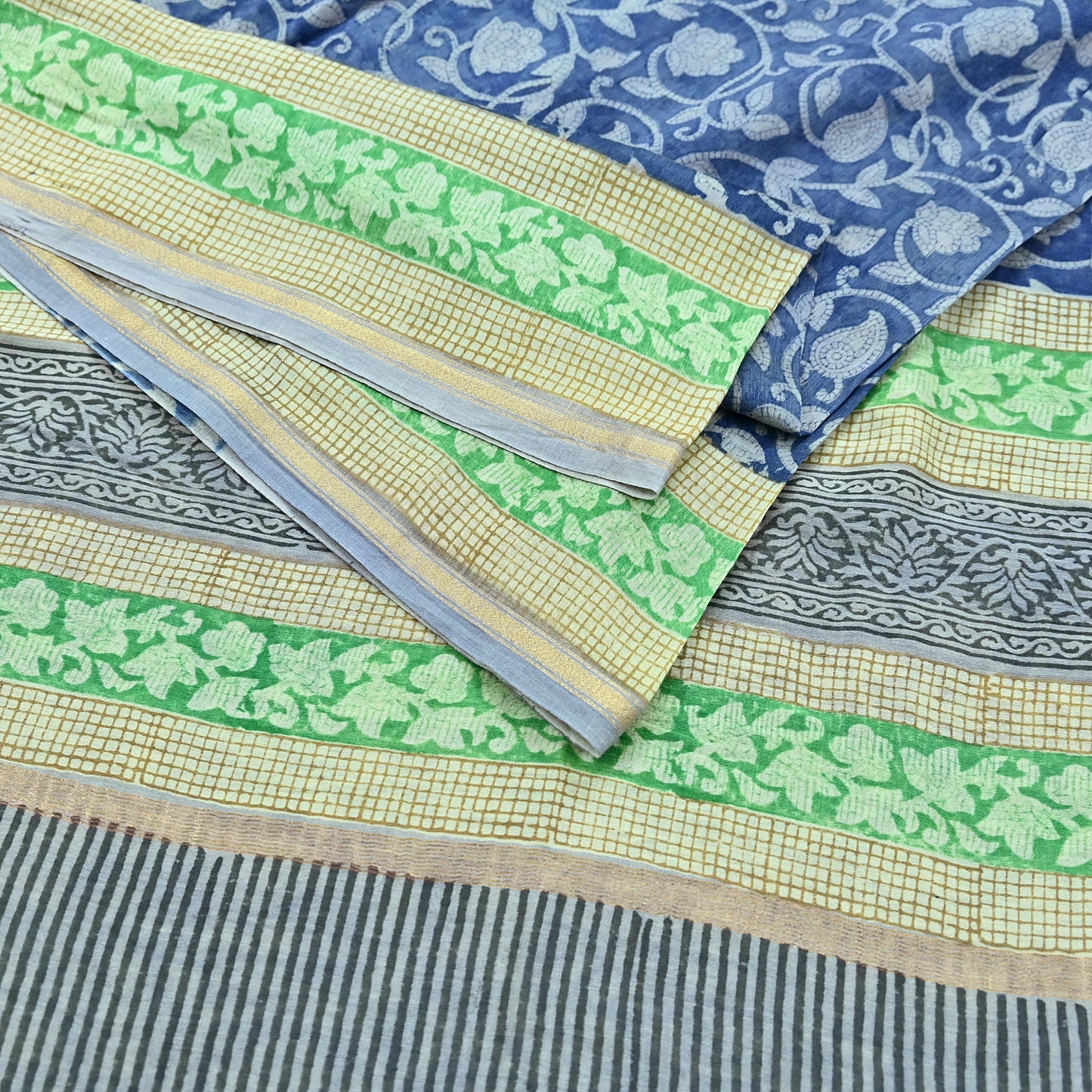 Indian Vintage Sari Blue chanderi Silk Bagru Printed Saree 5Yd Fabric Floral Soft Zari Border Ethnic Upcycle Crafting Dress making