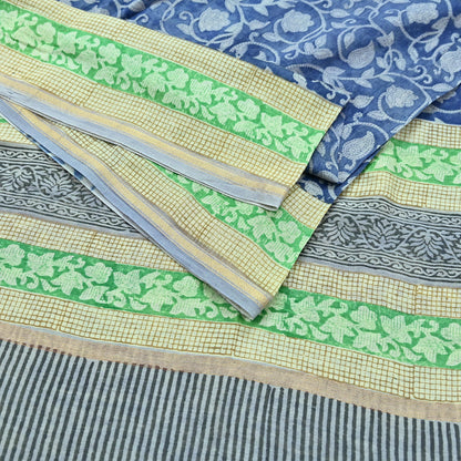 Indian Vintage Sari Blue chanderi Silk Bagru Printed Saree 5Yd Fabric Floral Soft Zari Border Ethnic Upcycle Crafting Dress making