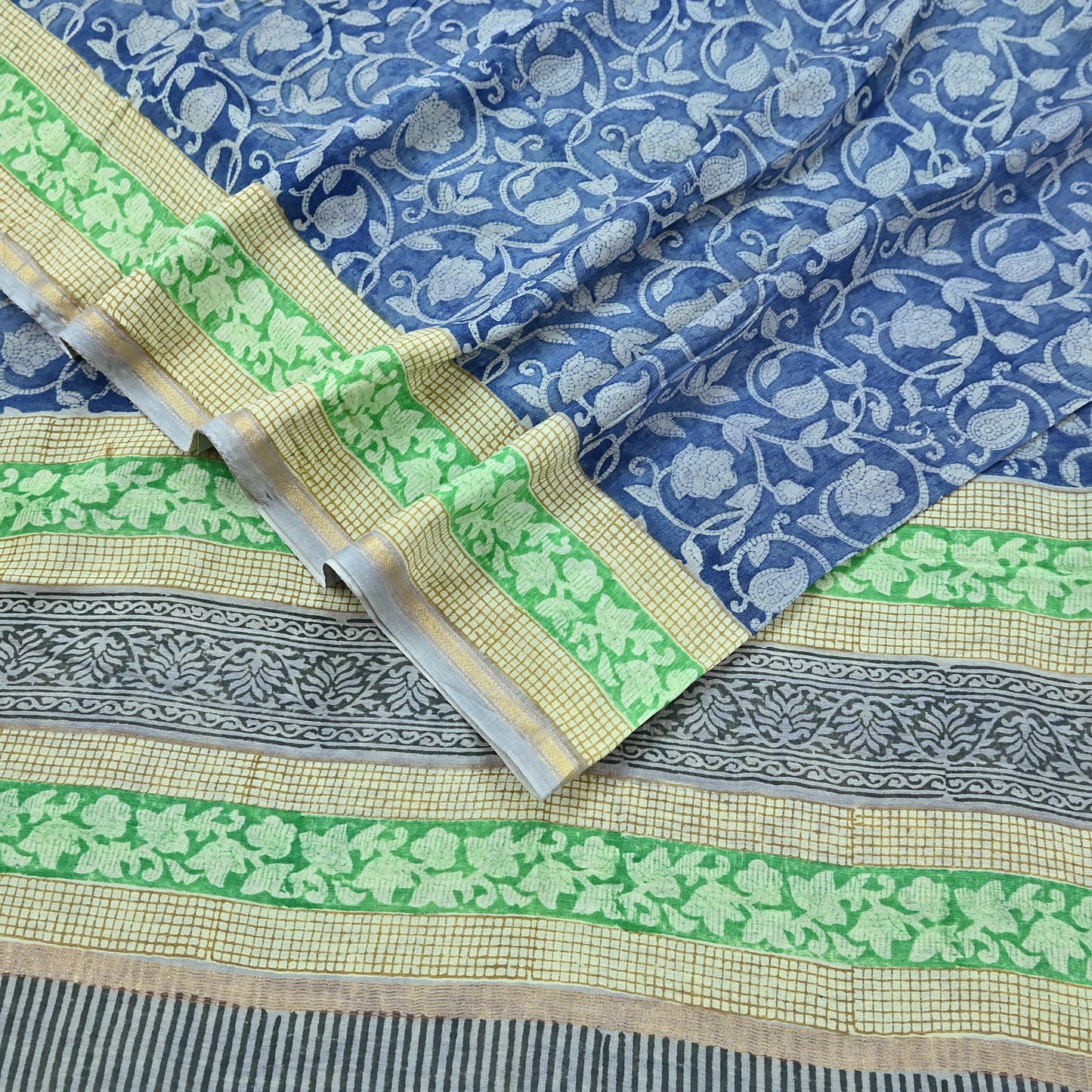 Indian Vintage Sari Blue chanderi Silk Bagru Printed Saree 5Yd Fabric Floral Soft Zari Border Ethnic Upcycle Crafting Dress making