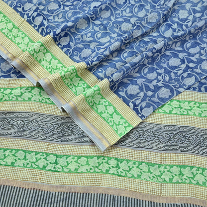 Indian Vintage Sari Blue chanderi Silk Bagru Printed Saree 5Yd Fabric Floral Soft Zari Border Ethnic Upcycle Crafting Dress making