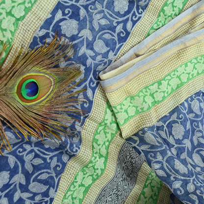 Indian Vintage Sari Blue chanderi Silk Bagru Printed Saree 5Yd Fabric Floral Soft Zari Border Ethnic Upcycle Crafting Dress making