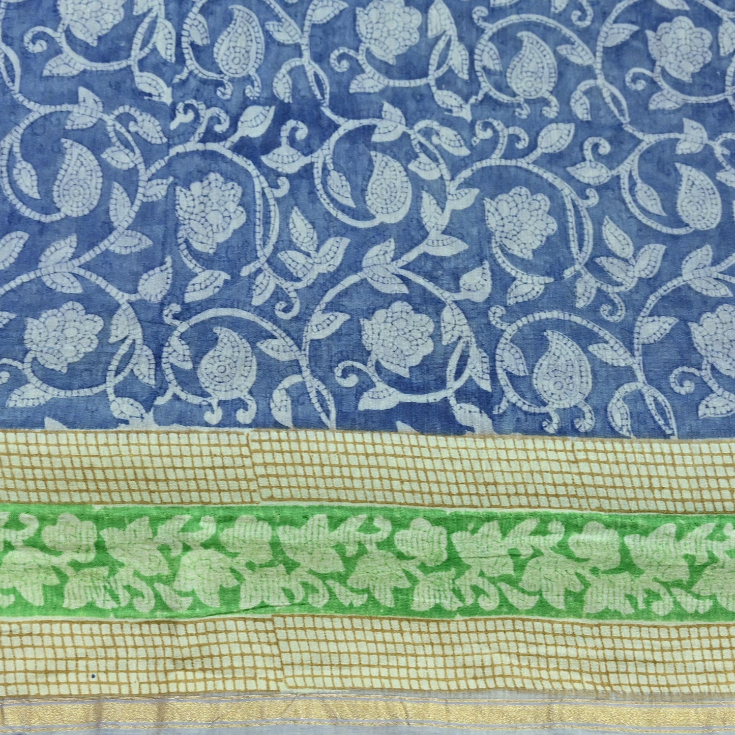 Indian Vintage Sari Blue chanderi Silk Bagru Printed Saree 5Yd Fabric Floral Soft Zari Border Ethnic Upcycle Crafting Dress making