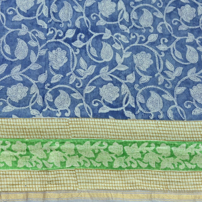 Indian Vintage Sari Blue chanderi Silk Bagru Printed Saree 5Yd Fabric Floral Soft Zari Border Ethnic Upcycle Crafting Dress making