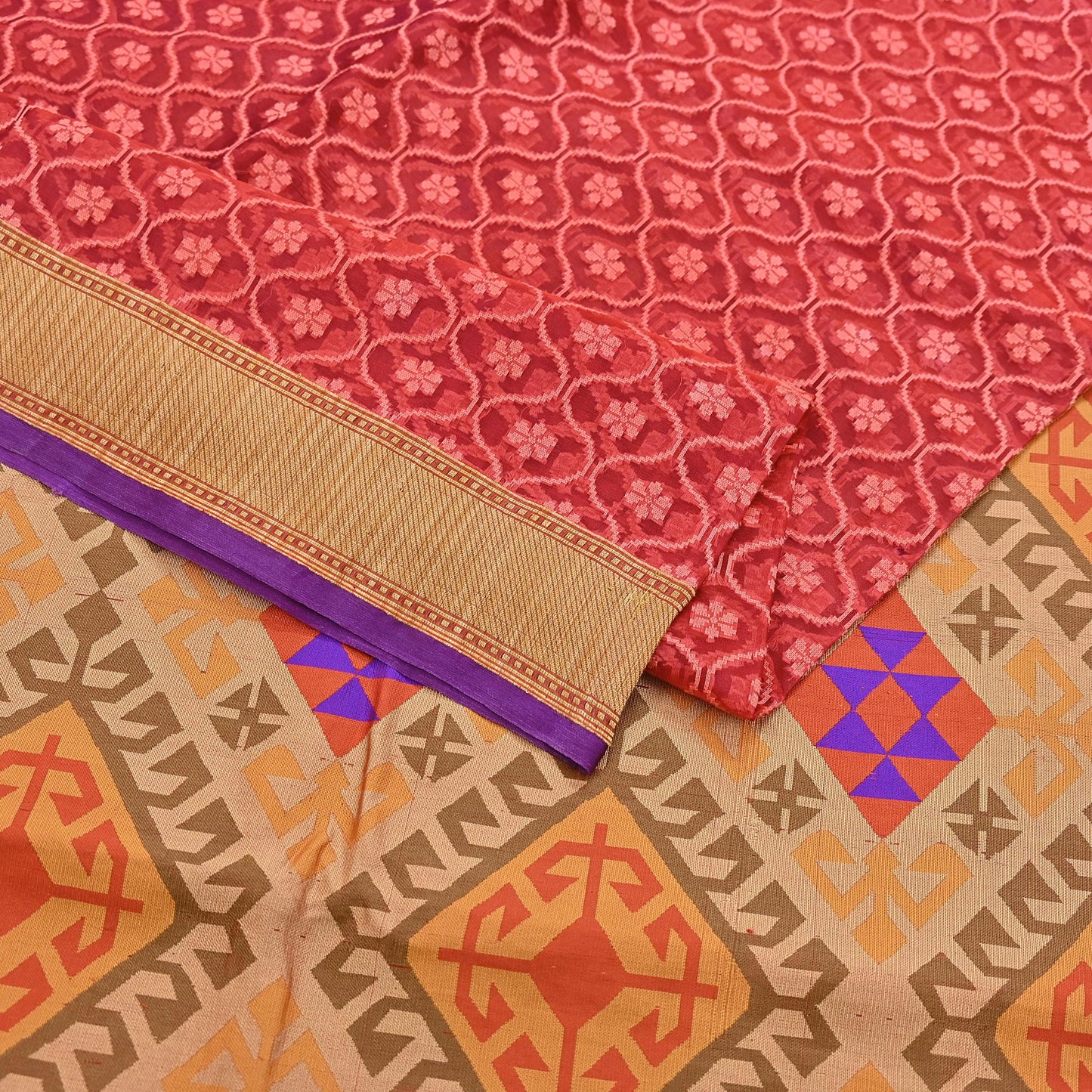 Indian Vintage Sarees Red Pure Organza Silk Hand Woven Sari 5yd Ethnic Floral Craft Fabric Dress making Upcycle Crafting Quilting Zari