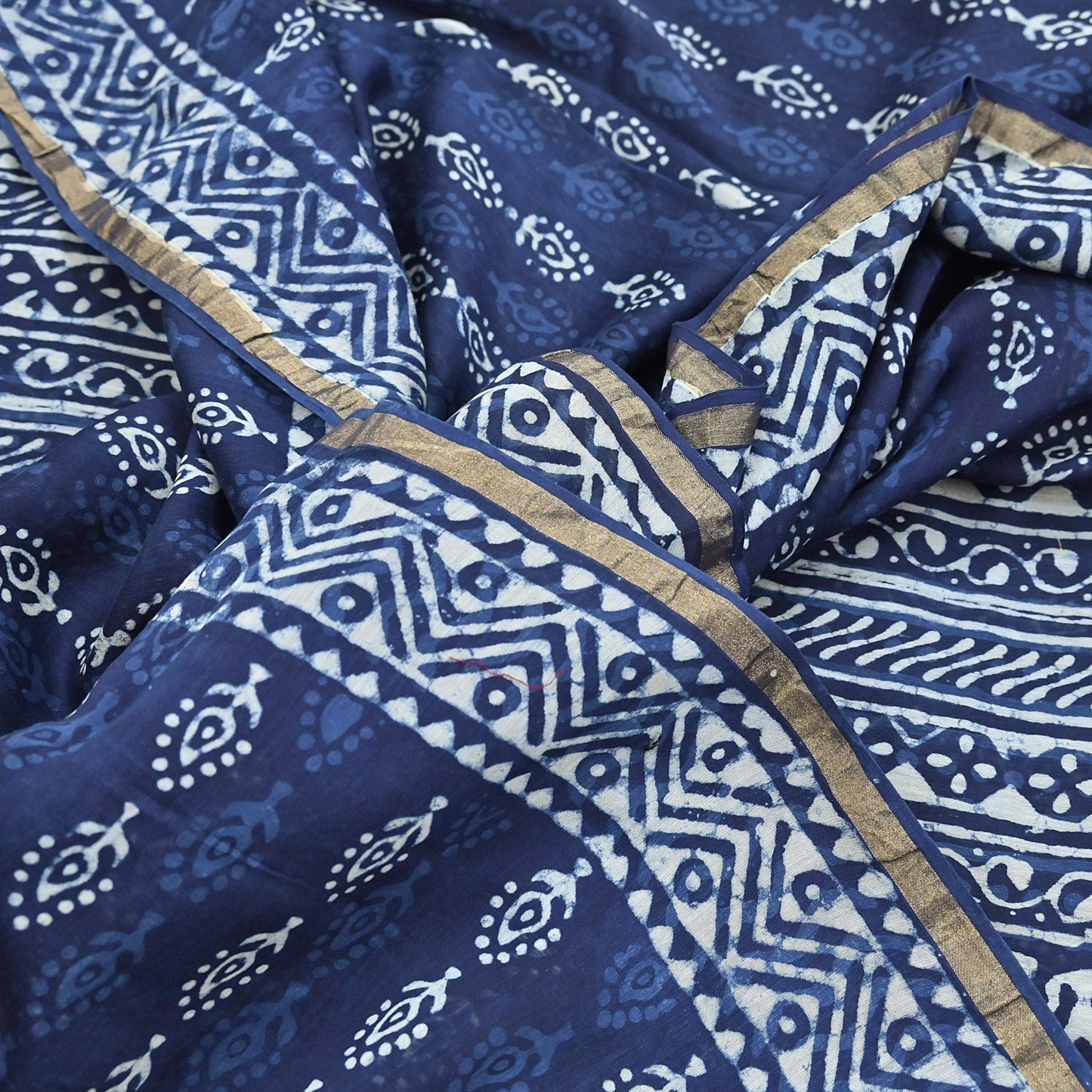 Indian Vintage Sari Blue Pure chanderi Silk Bagru Printed Sarees Fabric 5Yd Floral Soft Golden Zari Border Ethnic Dress making Upcycle
