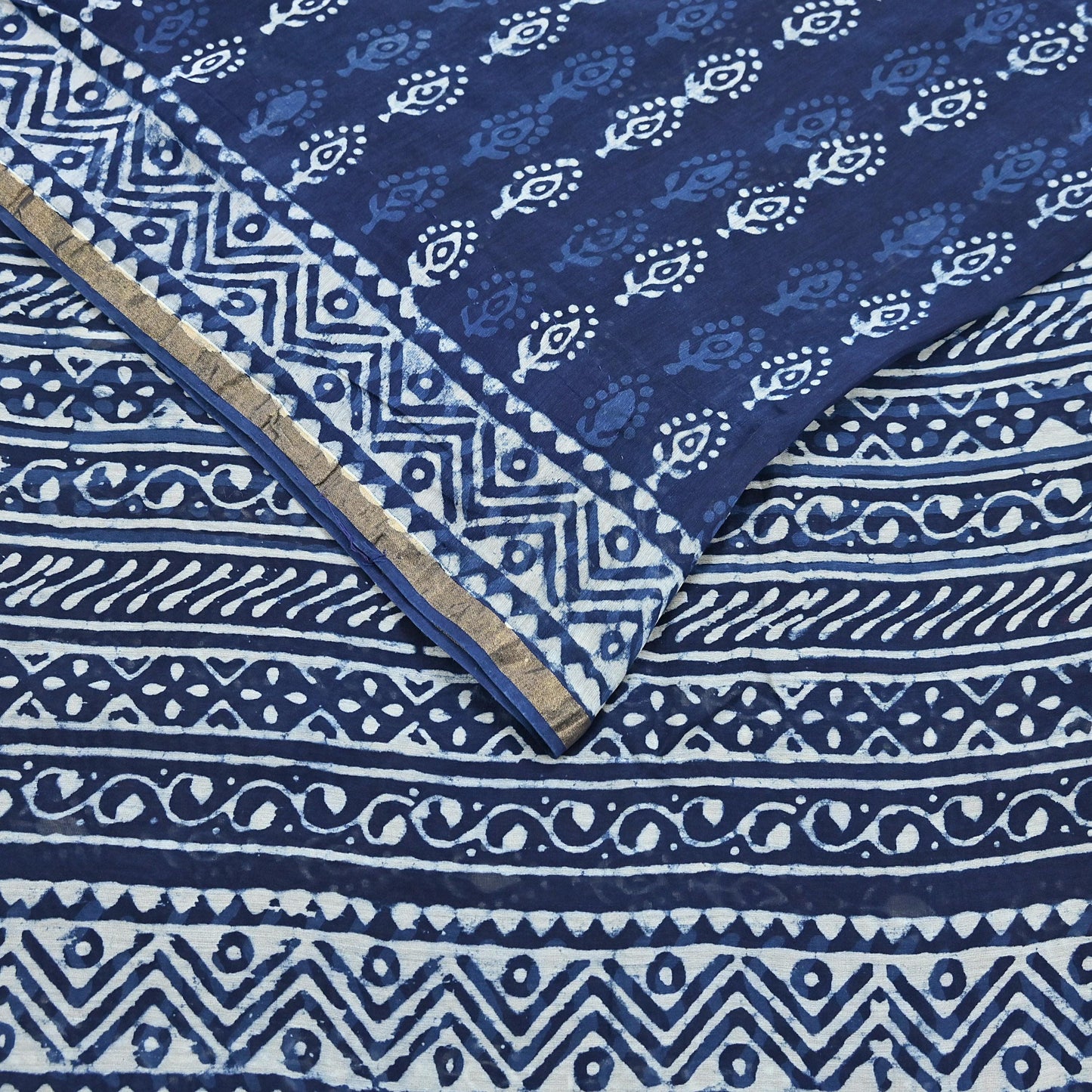 Indian Vintage Sari Blue Pure chanderi Silk Bagru Printed Sarees Fabric 5Yd Floral Soft Golden Zari Border Ethnic Dress making Upcycle