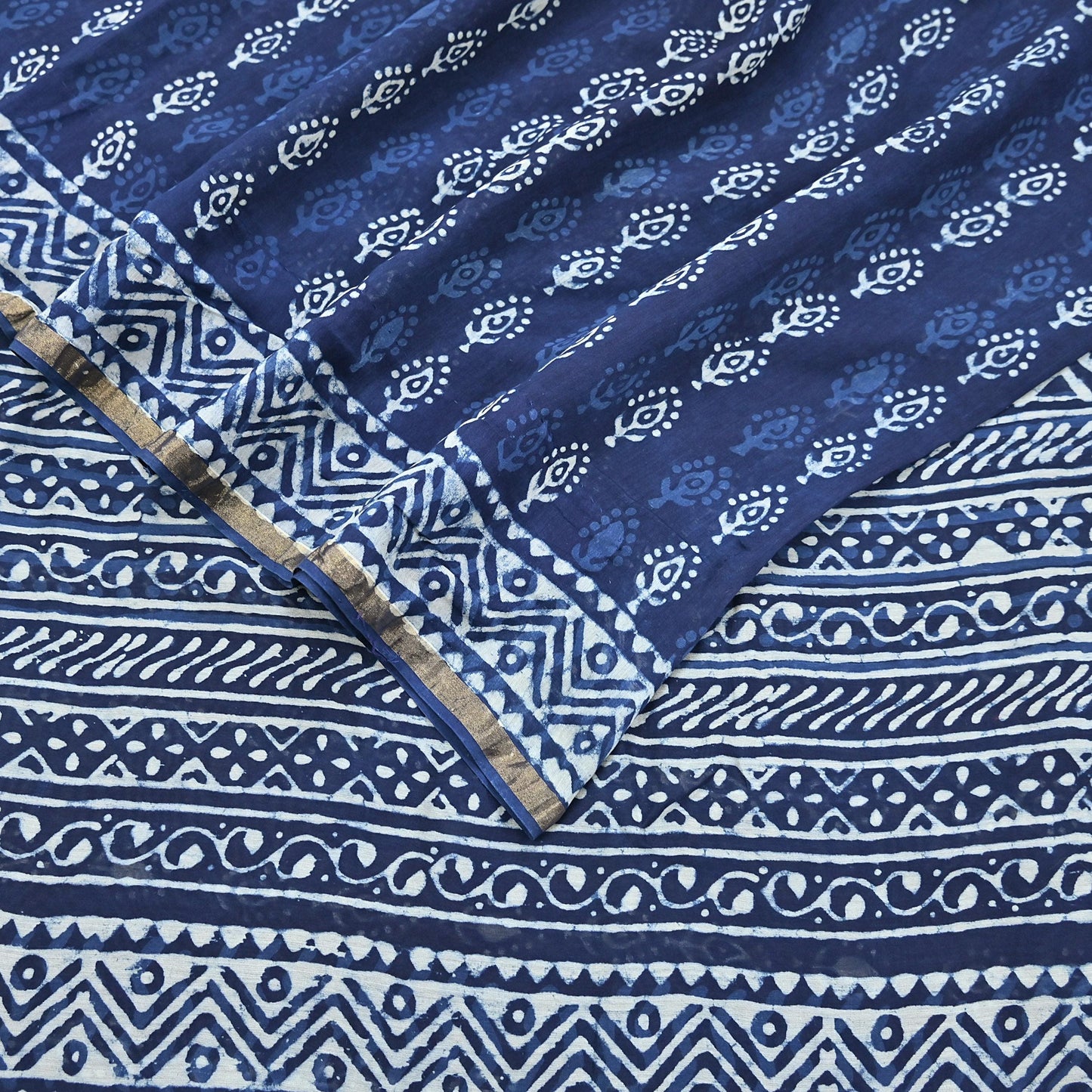 Indian Vintage Sari Blue Pure chanderi Silk Bagru Printed Sarees Fabric 5Yd Floral Soft Golden Zari Border Ethnic Dress making Upcycle