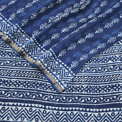 Indian Vintage Sari Blue Pure chanderi Silk Bagru Printed Sarees Fabric 5Yd Floral Soft Golden Zari Border Ethnic Dress making Upcycle