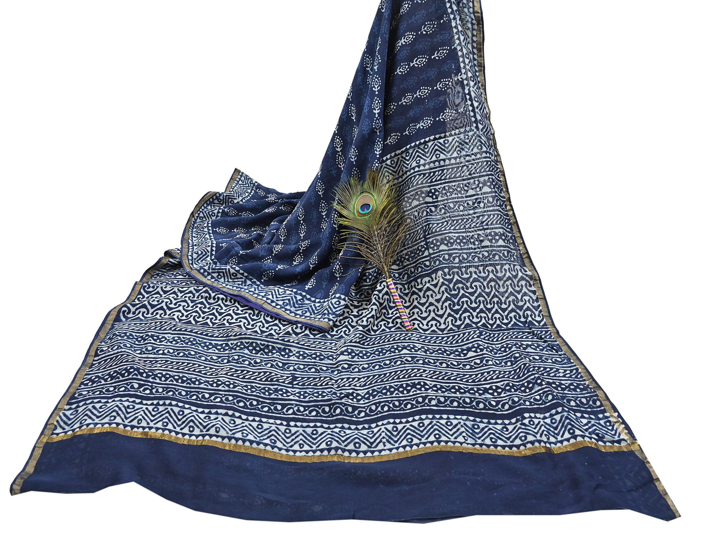 Indian Vintage Sari Blue Pure chanderi Silk Bagru Printed Sarees Fabric 5Yd Floral Soft Golden Zari Border Ethnic Dress making Upcycle