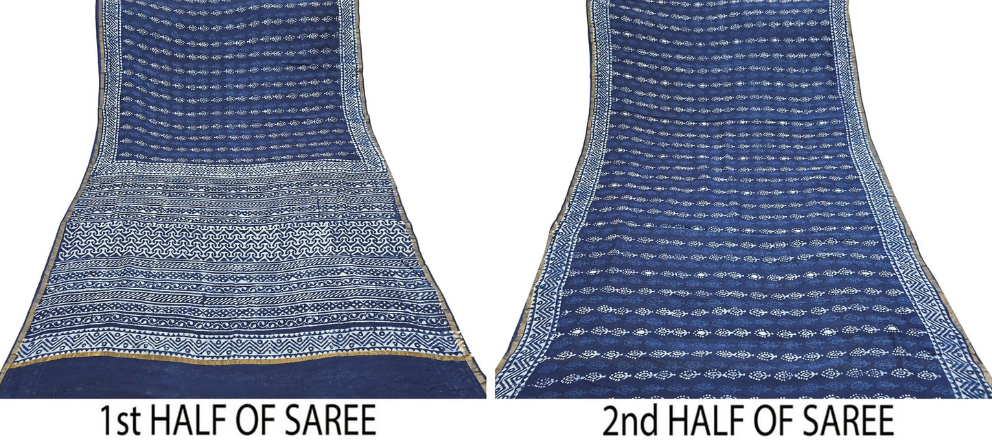 Indian Vintage Sari Blue Pure chanderi Silk Bagru Printed Sarees Fabric 5Yd Floral Soft Golden Zari Border Ethnic Dress making Upcycle