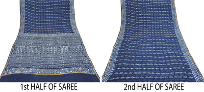 Indian Vintage Sari Blue Pure chanderi Silk Bagru Printed Sarees Fabric 5Yd Floral Soft Golden Zari Border Ethnic Dress making Upcycle