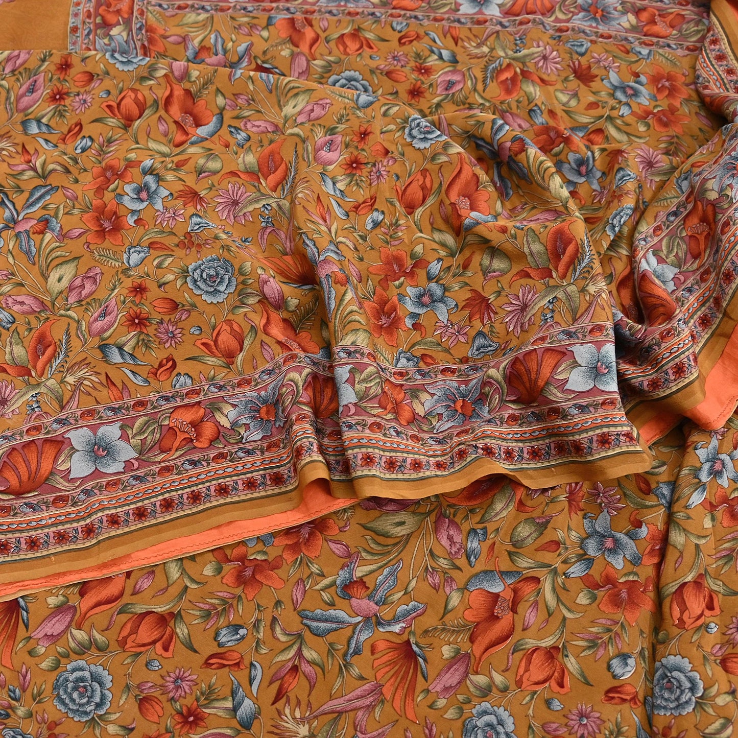 Indian Vintage Sari Mustard Pure Crepe Silk Printed Saree 5yard Sewing Quilting Floral Soft Craft Fabric Wrap