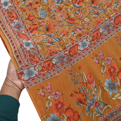 Indian Vintage Sari Mustard Pure Crepe Silk Printed Saree 5yard Sewing Quilting Floral Soft Craft Fabric Wrap