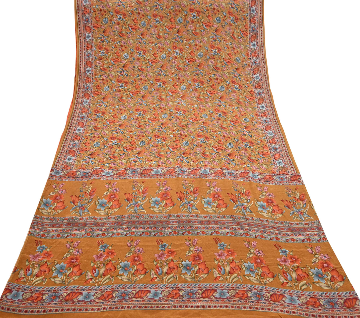 Indian Vintage Sari Mustard Pure Crepe Silk Printed Saree 5yard Sewing Quilting Floral Soft Craft Fabric Wrap