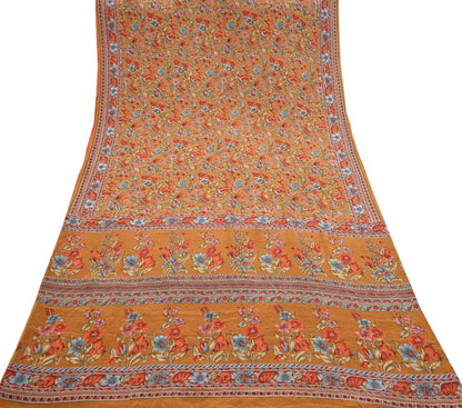 Indian Vintage Sari Mustard Pure Crepe Silk Printed Saree 5yard Sewing Quilting Floral Soft Craft Fabric Wrap
