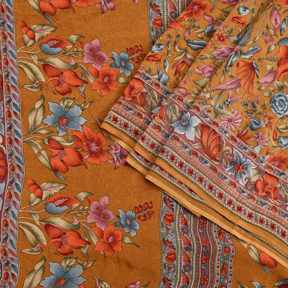Indian Vintage Sari Mustard Pure Crepe Silk Printed Saree 5yard Sewing Quilting Floral Soft Craft Fabric Wrap