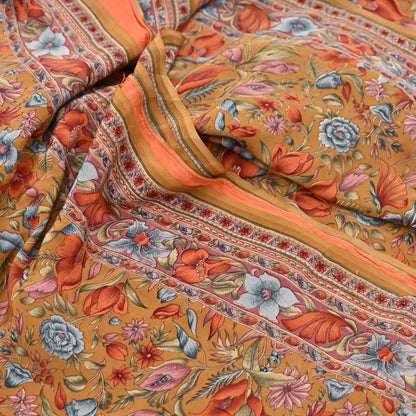 Indian Vintage Sari Mustard Pure Crepe Silk Printed Saree 5yard Sewing Quilting Floral Soft Craft Fabric Wrap