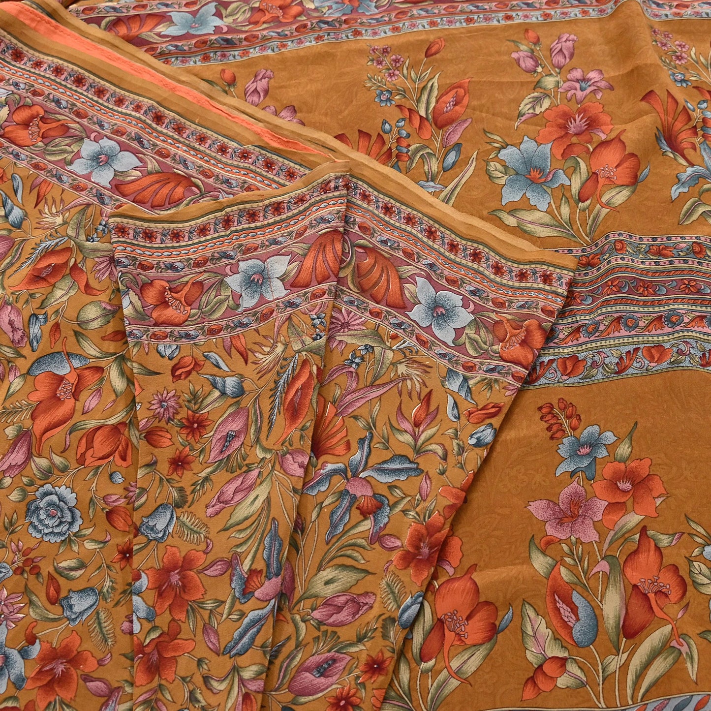Indian Vintage Sari Mustard Pure Crepe Silk Printed Saree 5yard Sewing Quilting Floral Soft Craft Fabric Wrap