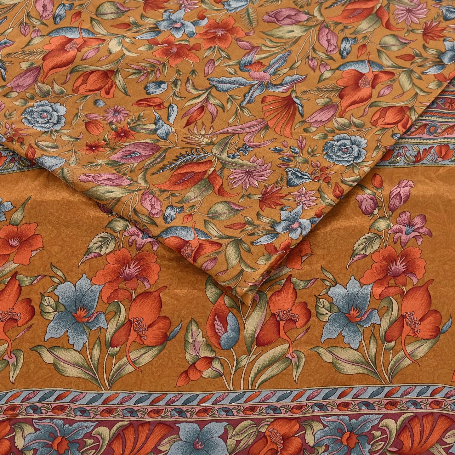 Indian Vintage Sari Mustard Pure Crepe Silk Printed Saree 5yard Sewing Quilting Floral Soft Craft Fabric Wrap