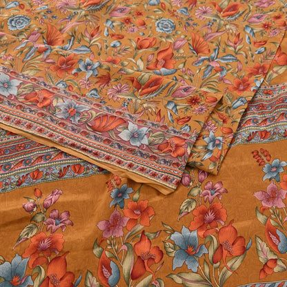 Indian Vintage Sari Mustard Pure Crepe Silk Printed Saree 5yard Sewing Quilting Floral Soft Craft Fabric Wrap