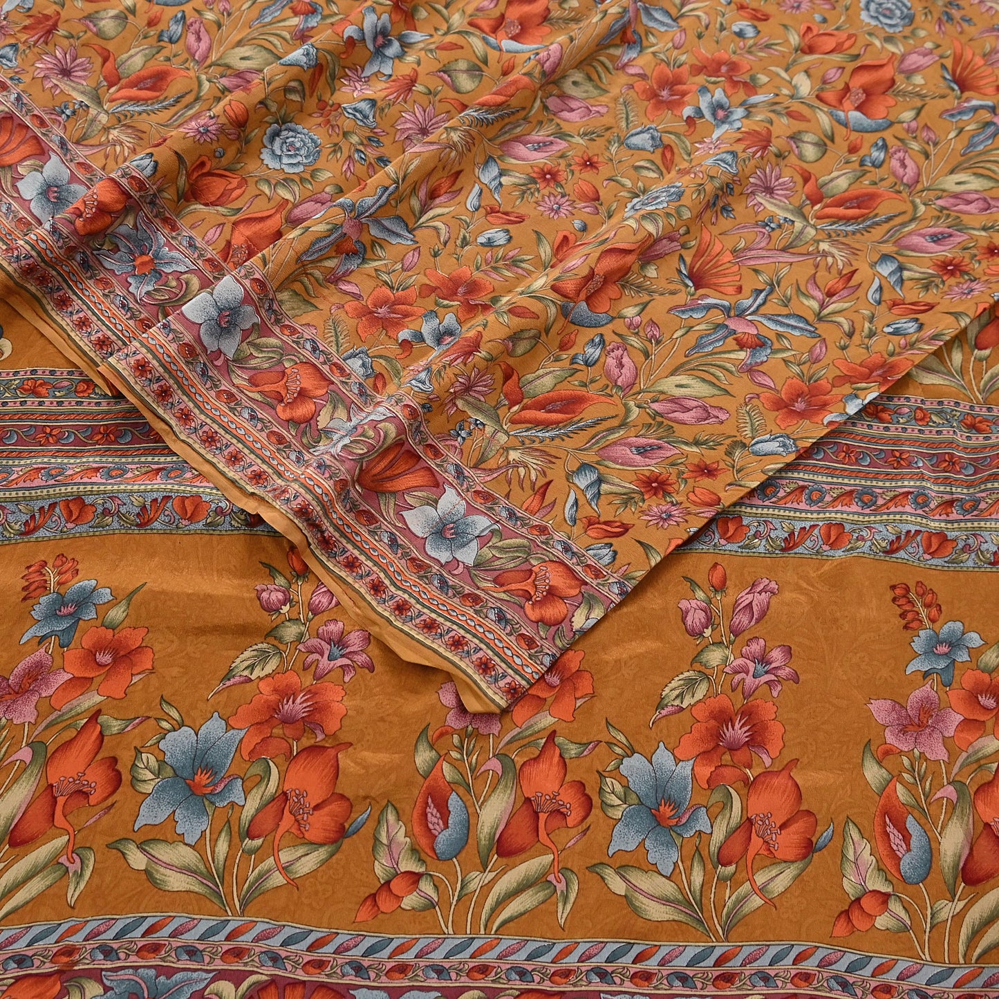 Indian Vintage Sari Mustard Pure Crepe Silk Printed Saree 5yard Sewing Quilting Floral Soft Craft Fabric Wrap