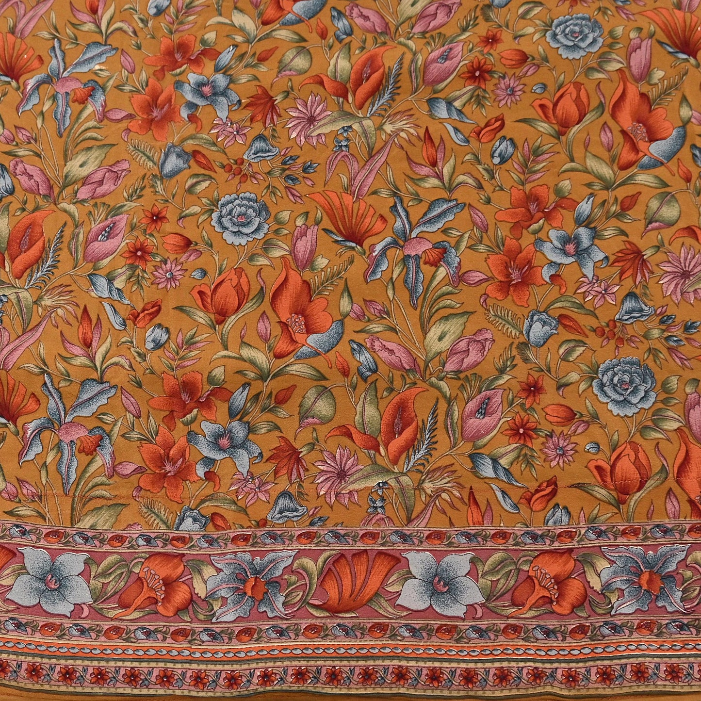 Indian Vintage Sari Mustard Pure Crepe Silk Printed Saree 5yard Sewing Quilting Floral Soft Craft Fabric Wrap