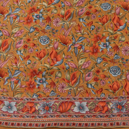 Indian Vintage Sari Mustard Pure Crepe Silk Printed Saree 5yard Sewing Quilting Floral Soft Craft Fabric Wrap