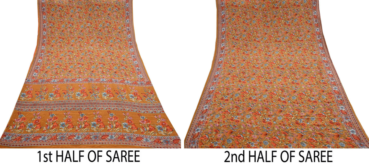 Indian Vintage Sari Mustard Pure Crepe Silk Printed Saree 5yard Sewing Quilting Floral Soft Craft Fabric Wrap