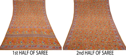 Indian Vintage Sari Mustard Pure Crepe Silk Printed Saree 5yard Sewing Quilting Floral Soft Craft Fabric Wrap