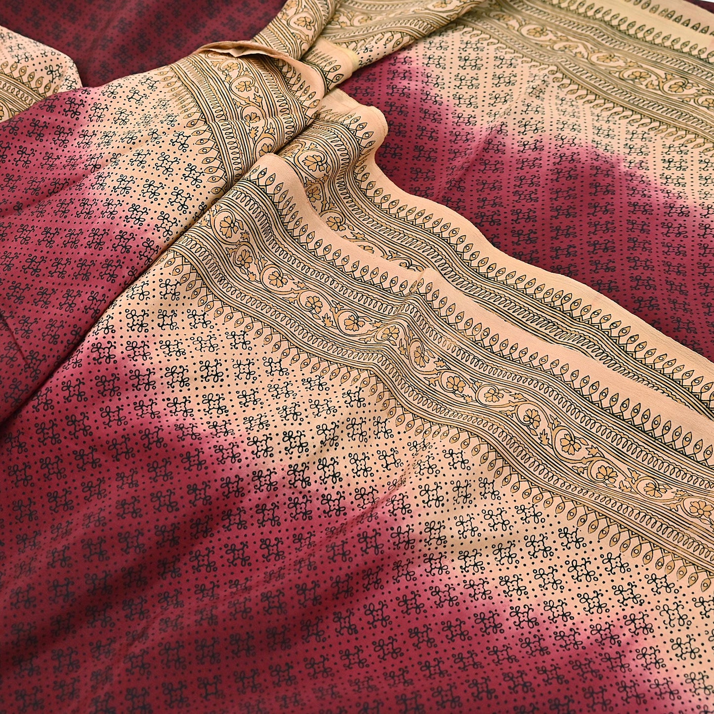 Indian Vintage Sari Maroon & beige Pure Crepe Silk Printed Saree 6yard Sewing Quilting Floral Soft Craft Fabric Wrap
