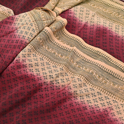 Indian Vintage Sari Maroon & beige Pure Crepe Silk Printed Saree 6yard Sewing Quilting Floral Soft Craft Fabric Wrap