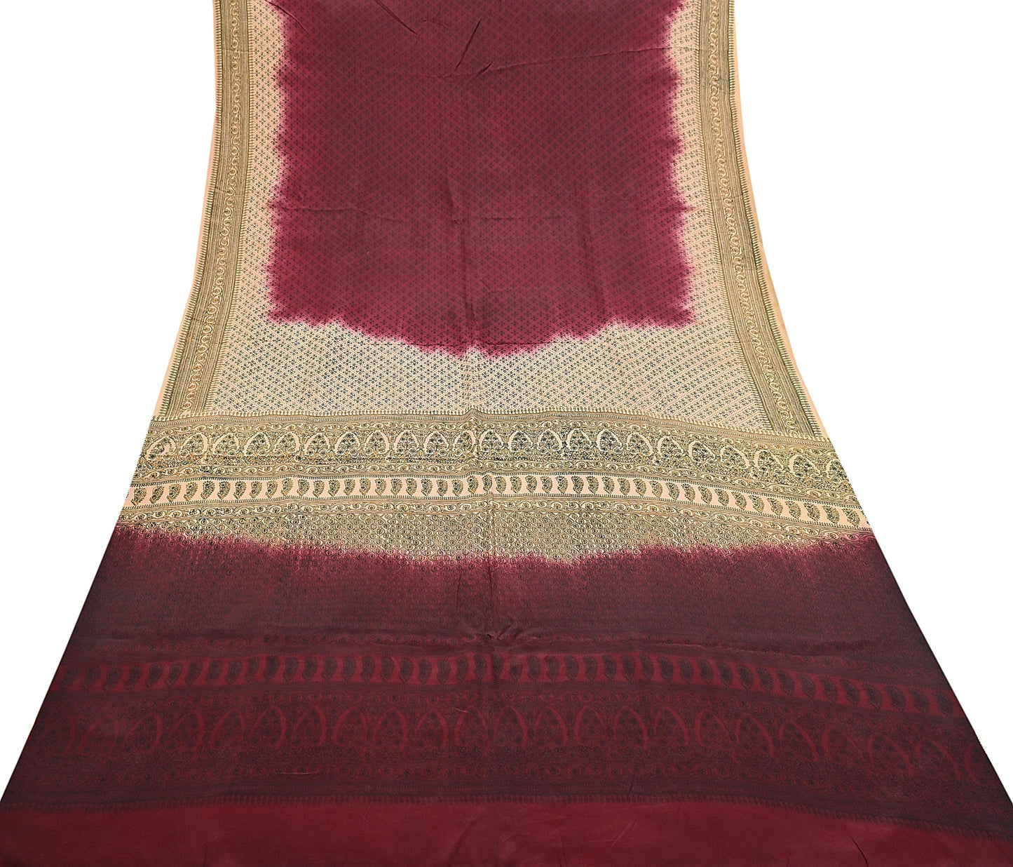 Indian Vintage Sari Maroon & beige Pure Crepe Silk Printed Saree 6yard Sewing Quilting Floral Soft Craft Fabric Wrap