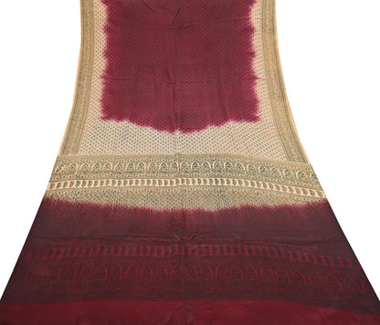 Indian Vintage Sari Maroon & beige Pure Crepe Silk Printed Saree 6yard Sewing Quilting Floral Soft Craft Fabric Wrap