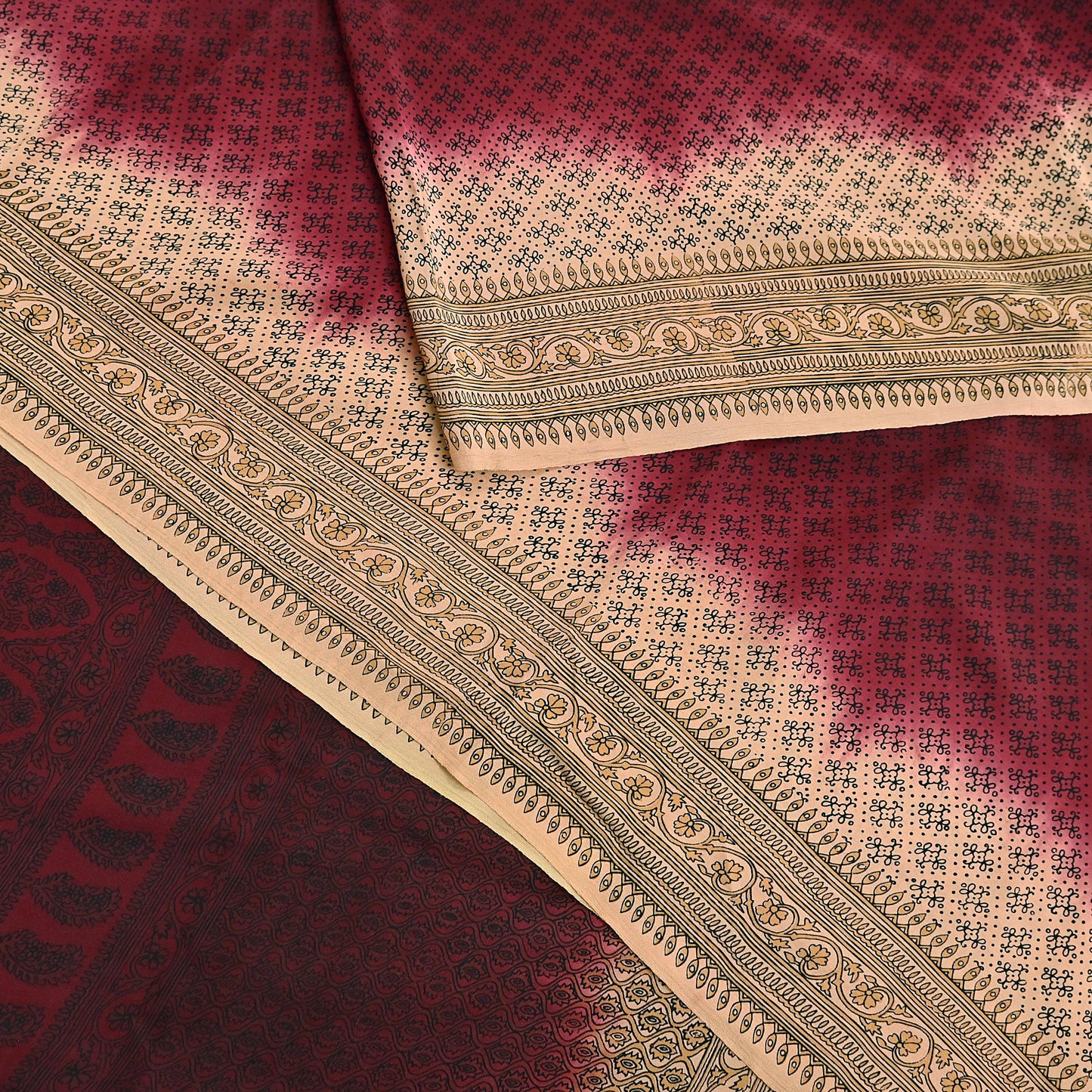 Indian Vintage Sari Maroon & beige Pure Crepe Silk Printed Saree 6yard Sewing Quilting Floral Soft Craft Fabric Wrap