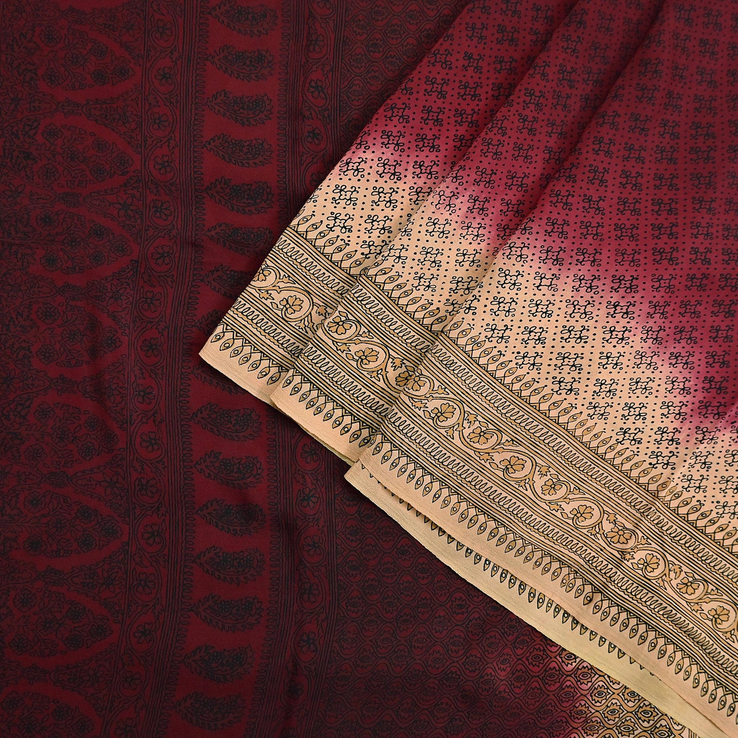 Indian Vintage Sari Maroon & beige Pure Crepe Silk Printed Saree 6yard Sewing Quilting Floral Soft Craft Fabric Wrap