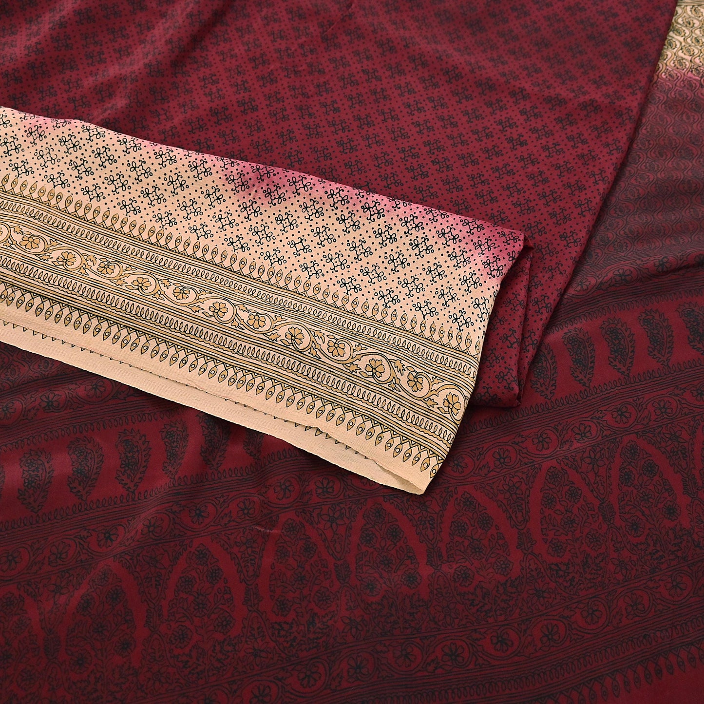 Indian Vintage Sari Maroon & beige Pure Crepe Silk Printed Saree 6yard Sewing Quilting Floral Soft Craft Fabric Wrap