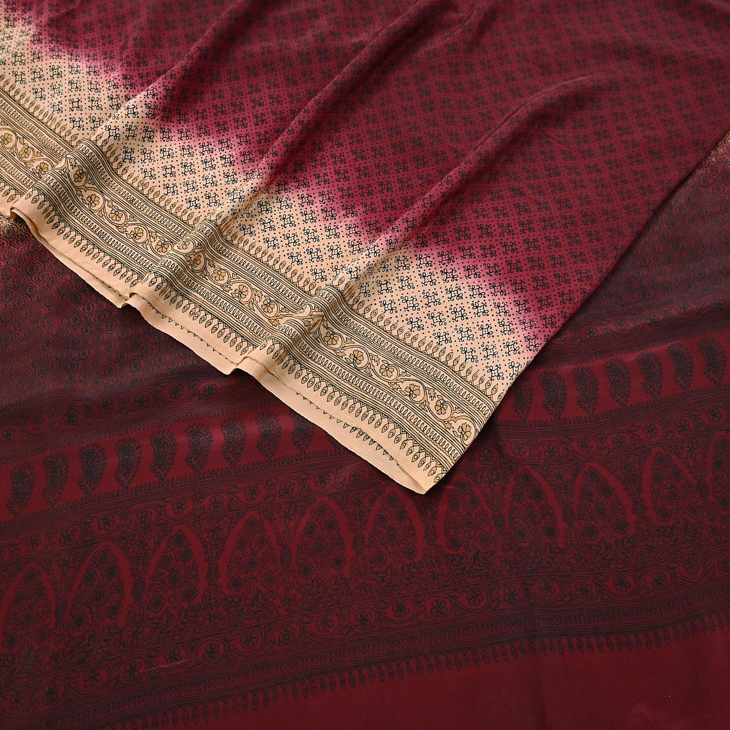 Indian Vintage Sari Maroon & beige Pure Crepe Silk Printed Saree 6yard Sewing Quilting Floral Soft Craft Fabric Wrap