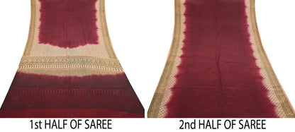 Indian Vintage Sari Maroon & beige Pure Crepe Silk Printed Saree 6yard Sewing Quilting Floral Soft Craft Fabric Wrap