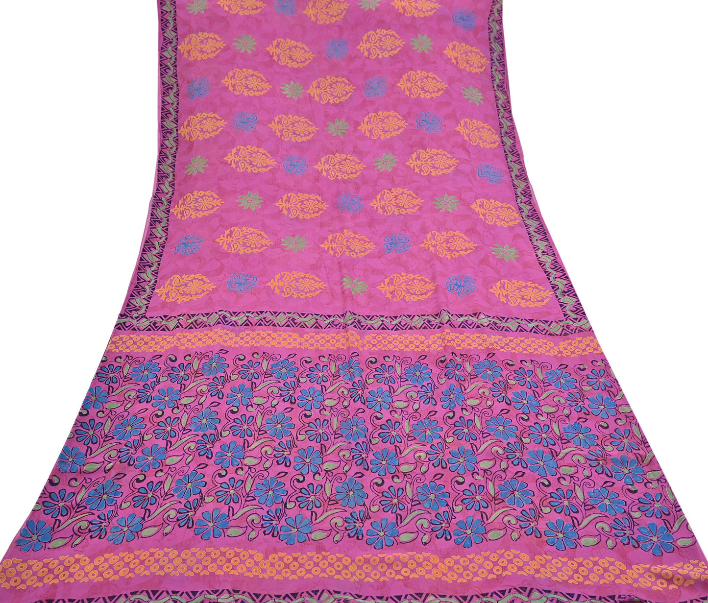 Indian Vintage Sari Pink Pure Georgette Silk Printed Saree Craft Fabric Sewing 5Yd Soft Light Dress Making Crafting Quilting Upcycle