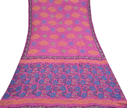 Indian Vintage Sari Pink Pure Georgette Silk Printed Saree Craft Fabric Sewing 5Yd Soft Light Dress Making Crafting Quilting Upcycle