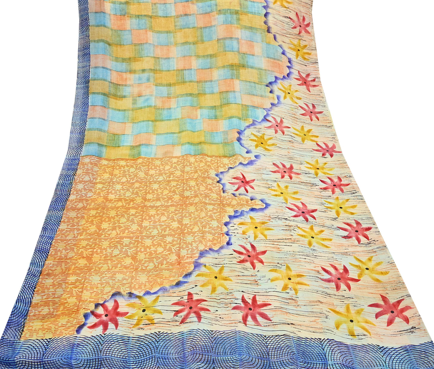 Indian Vintage Sari Ivory & Multi Pure Georgette Silk Printed Sarees 6Yd Craft Fabric Sewing Quilting Dress making Crafting Quilting Upcycle