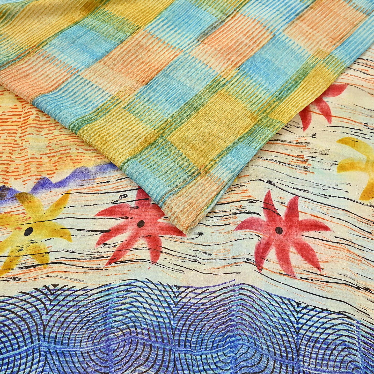 Indian Vintage Sari Ivory & Multi Pure Georgette Silk Printed Sarees 6Yd Craft Fabric Sewing Quilting Dress making Crafting Quilting Upcycle