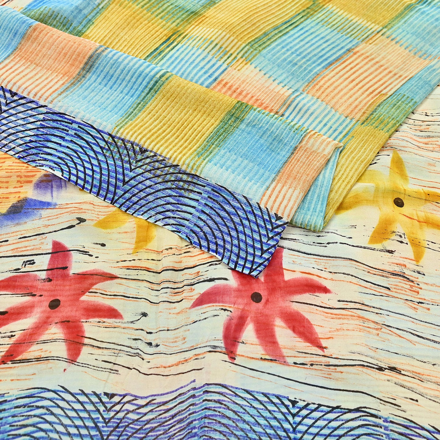 Indian Vintage Sari Ivory & Multi Pure Georgette Silk Printed Sarees 6Yd Craft Fabric Sewing Quilting Dress making Crafting Quilting Upcycle