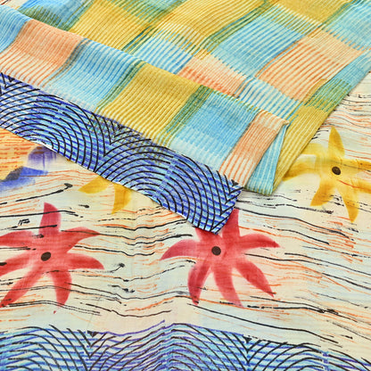 Indian Vintage Sari Ivory & Multi Pure Georgette Silk Printed Sarees 6Yd Craft Fabric Sewing Quilting Dress making Crafting Quilting Upcycle